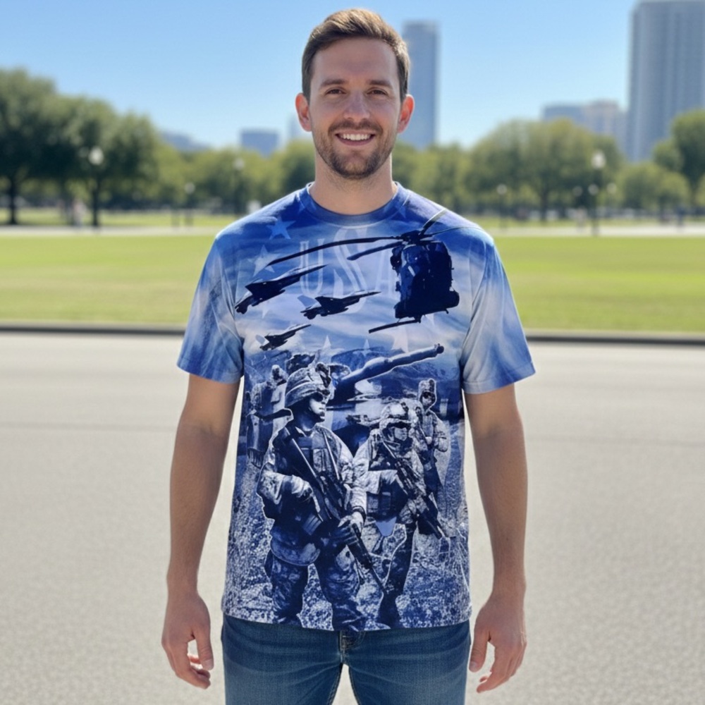 Spirit of America Patriotic Graphic Shirt Military Plane Tank USA White Blue XL